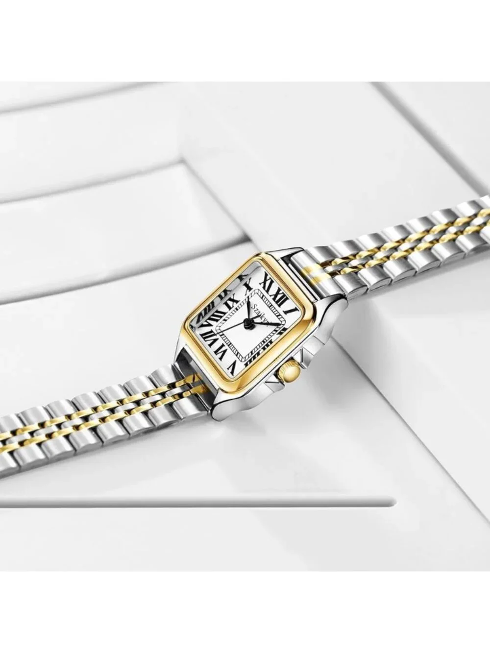 Women's Silver& Gold-Black Square Dial Dainty Vintage Stainless Steel Band Watch